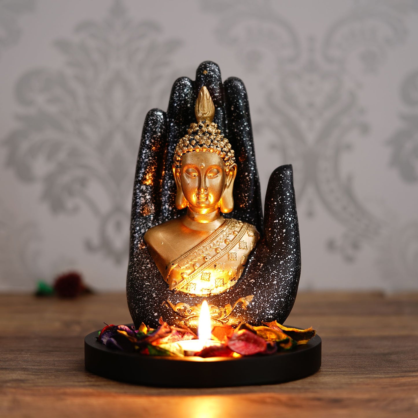 eCraftIndia Golden Silver Handcrafted Palm Buddha with Wooden Base, Fragranced Petals and Tealight